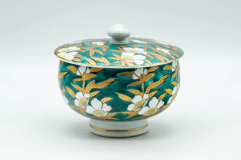 Japanese Teacup - Green White Floral Porcelain Arita-yaki Lidded Yunomi - 150ml - Tezumi