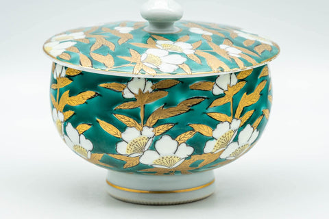 Japanese Teacup - Green White Floral Porcelain Arita-yaki Lidded Yunomi - 150ml - Tezumi