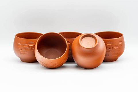 Japanese Tea Set - 常滑焼 Engraved Tokoname-yaki Debeso Kyusu with 5 Yunomi - Tezumi