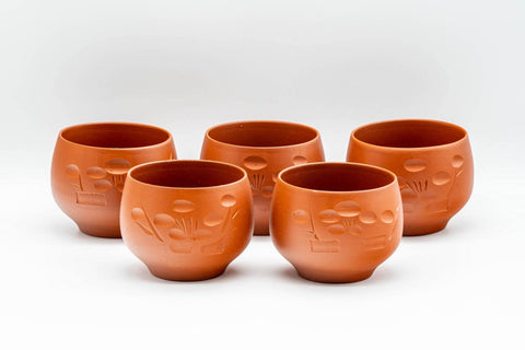 Japanese Tea Set - 常滑焼 Engraved Tokoname-yaki Debeso Kyusu with 5 Yunomi - Tezumi